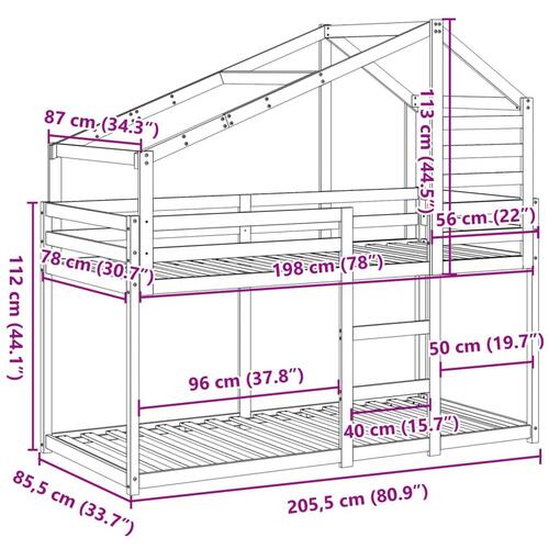 Køjeseng med tag 80x200 cm massivt fyrretræ hvid