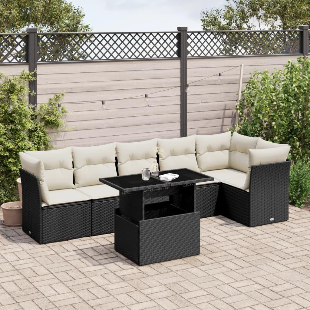 Sofasæt til haven i polyrattan - 7 dele med hynder, sort