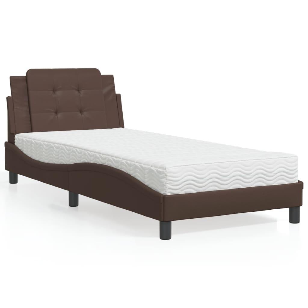 Seng med madras 90x200 cm kunstlæder brun