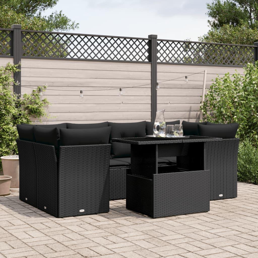 Havesofasæt 7 dele med hynder i polyrattan sort billede
