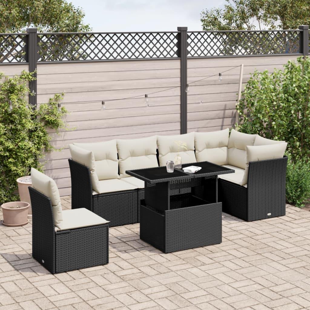 Havesofasæt i polyrattan - 7 dele med hynder, sort