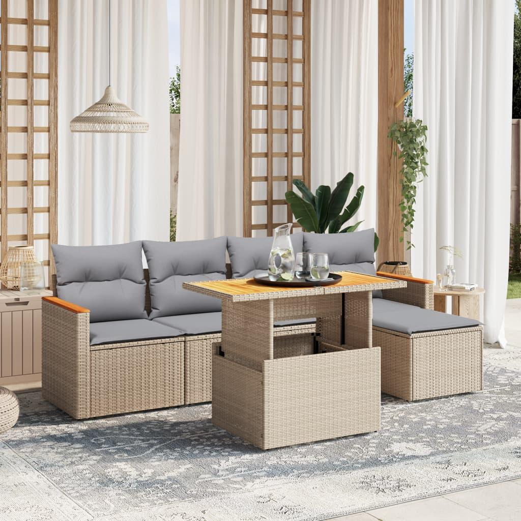 Sofasæt til haven 6 dele med hynder polyrattan beige