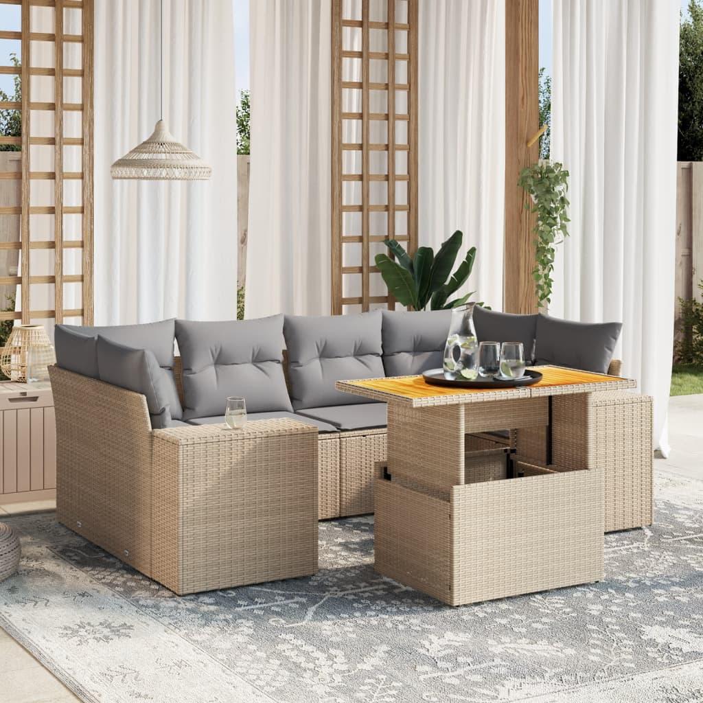 Sofasæt til haven i polyrattan - 7 dele med hynder, beige