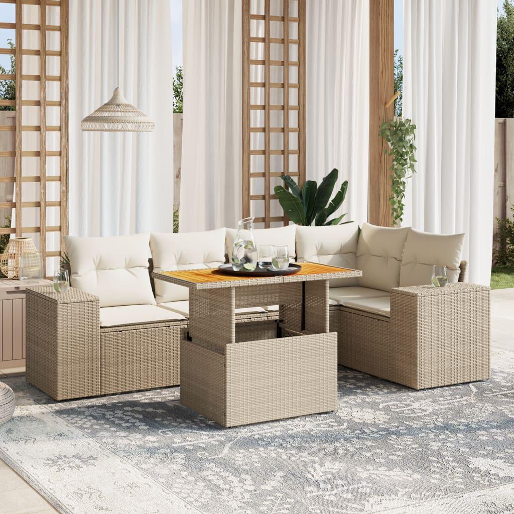 Sofasæt til haven 6 dele med hynder polyrattan beige