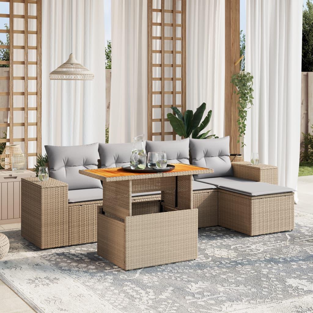 Sofasæt til haven 6 dele med hynder polyrattan beige