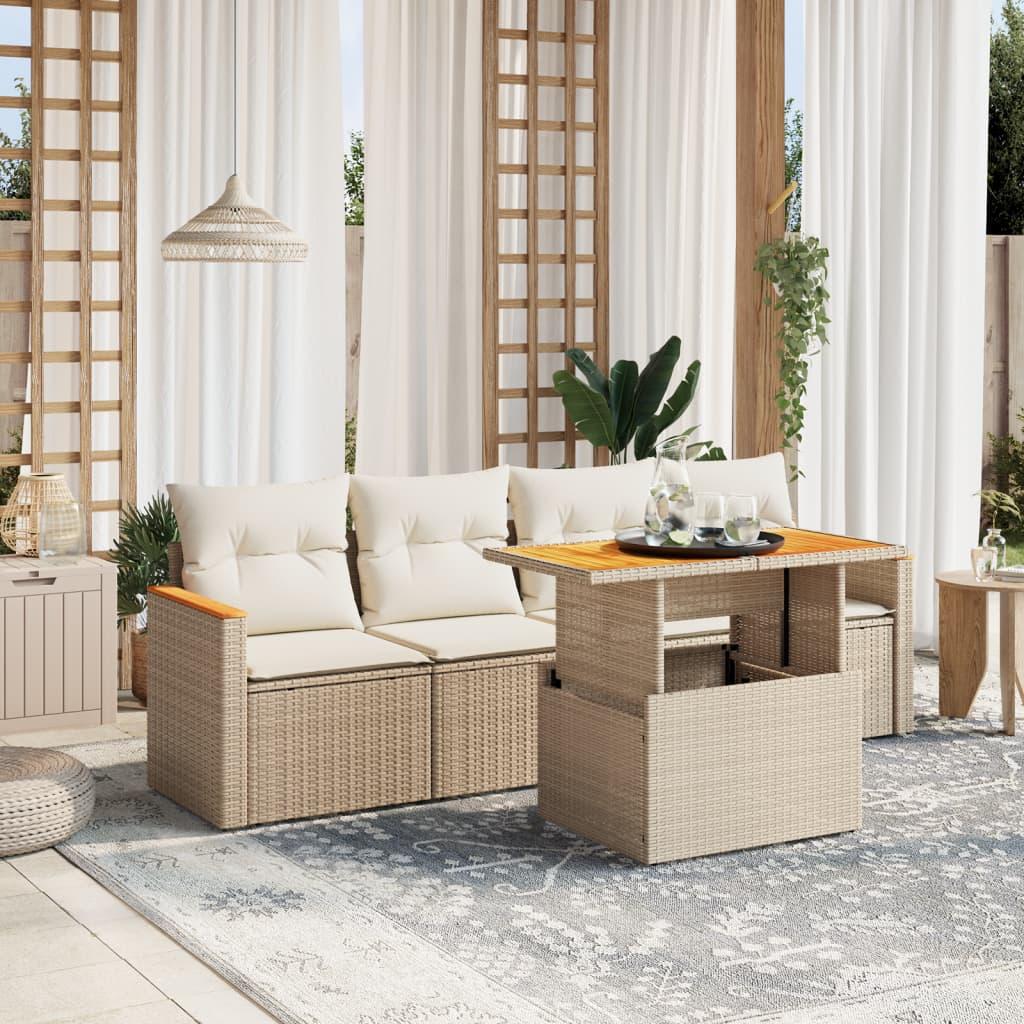 Sofasæt til haven 5 dele med hynder i polyrattan beige