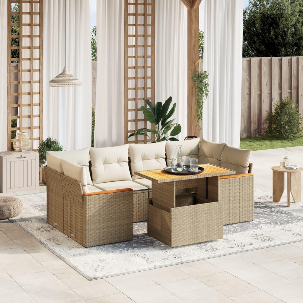 Sofasæt til haven 7 dele med hynder i polyrattan beige
