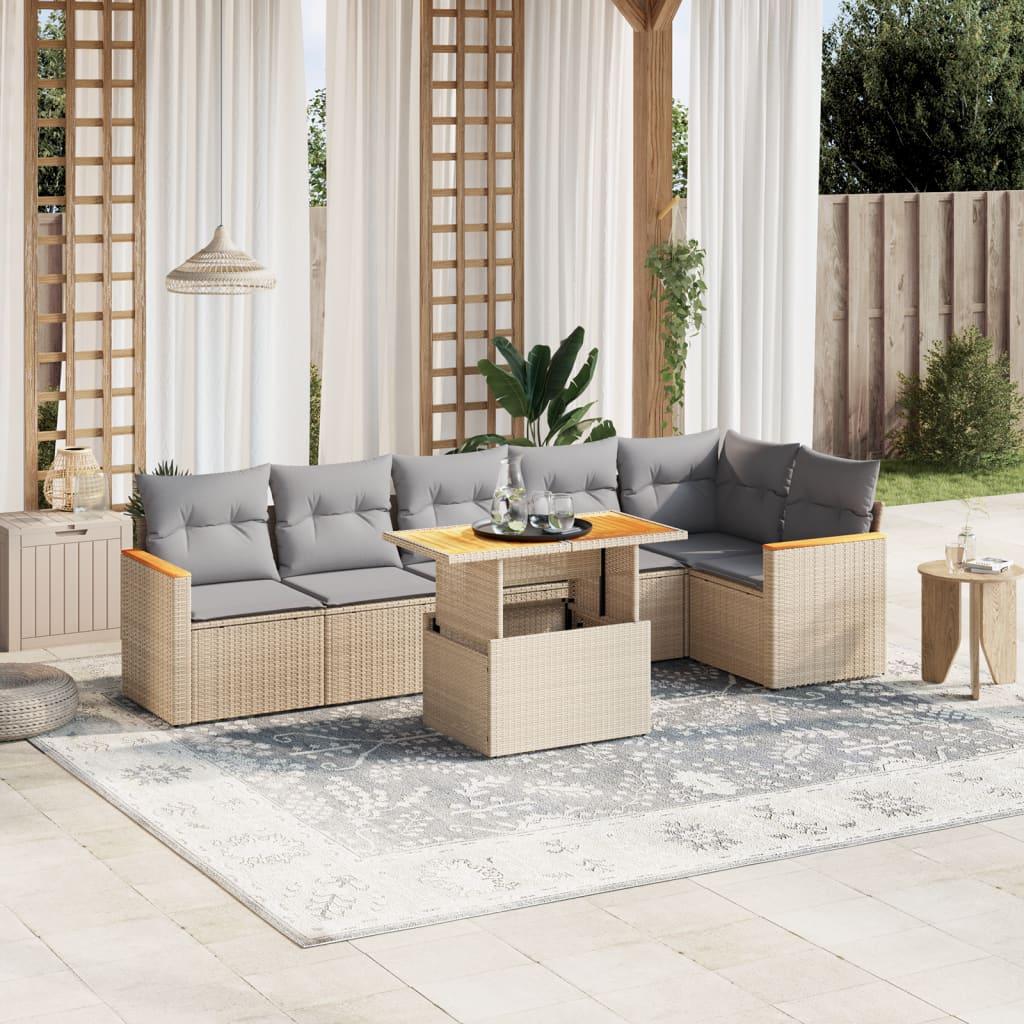 Havesofasæt i polyrattan, 7 dele med hynder - beige