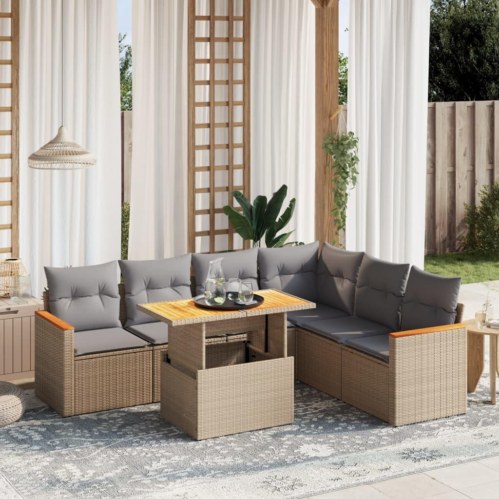 Sofasæt til haven i polyrattan, 7 dele med hynder - beige/lysegrå billede