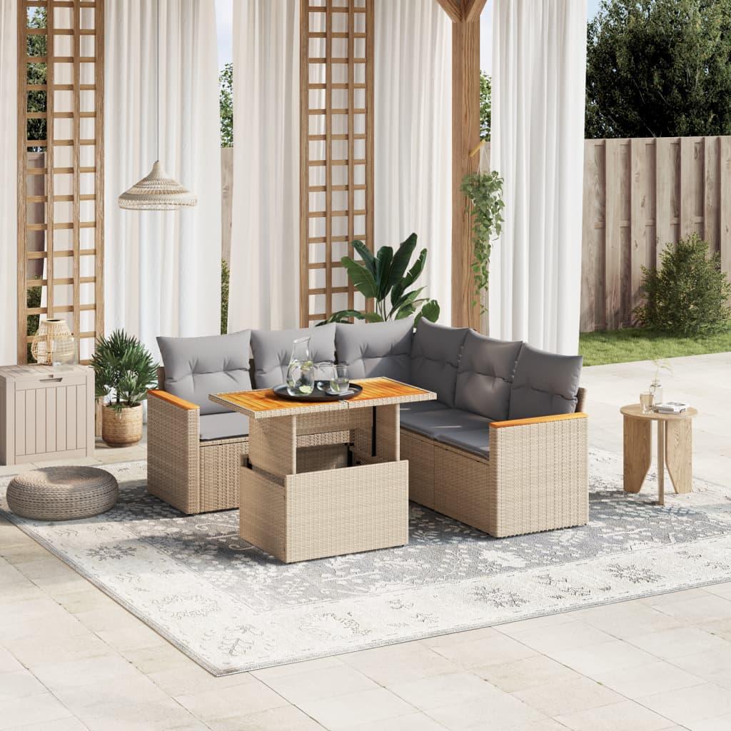Sofasæt til haven 6 dele med hynder og hæve-sænke-bord i polyrattan - beige billede