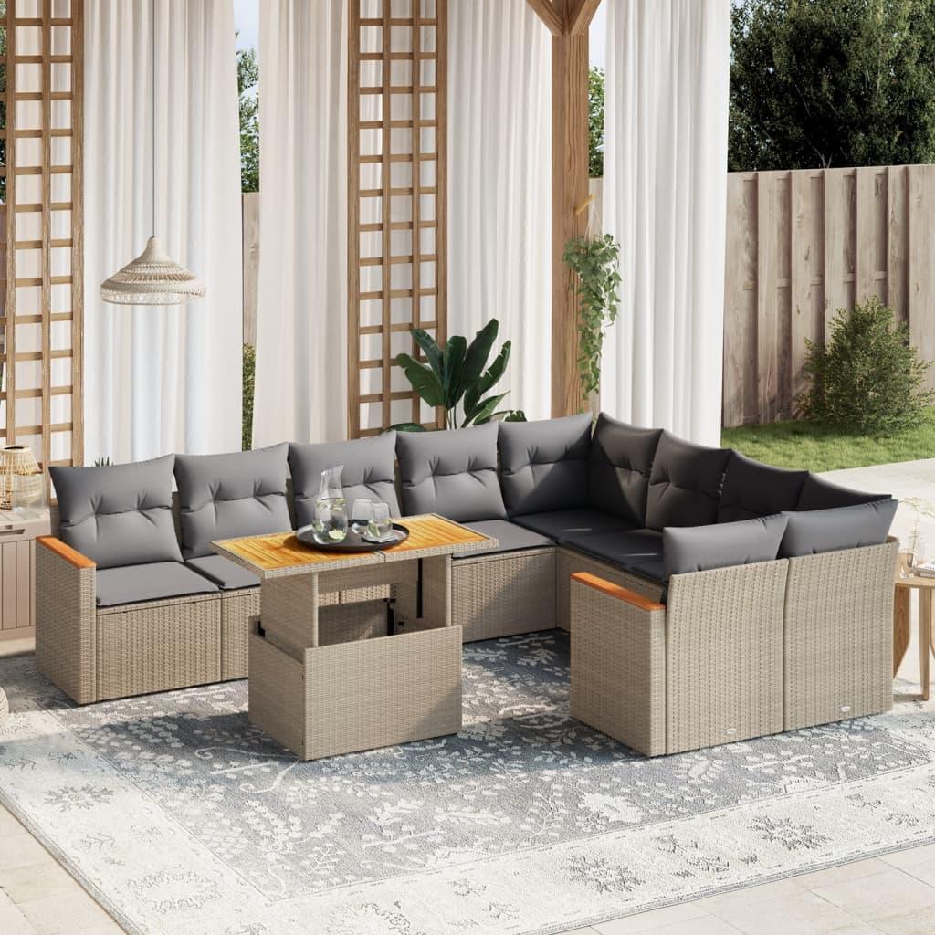 Sofasæt til haven i polyrattan - 10 dele med hynder, beige