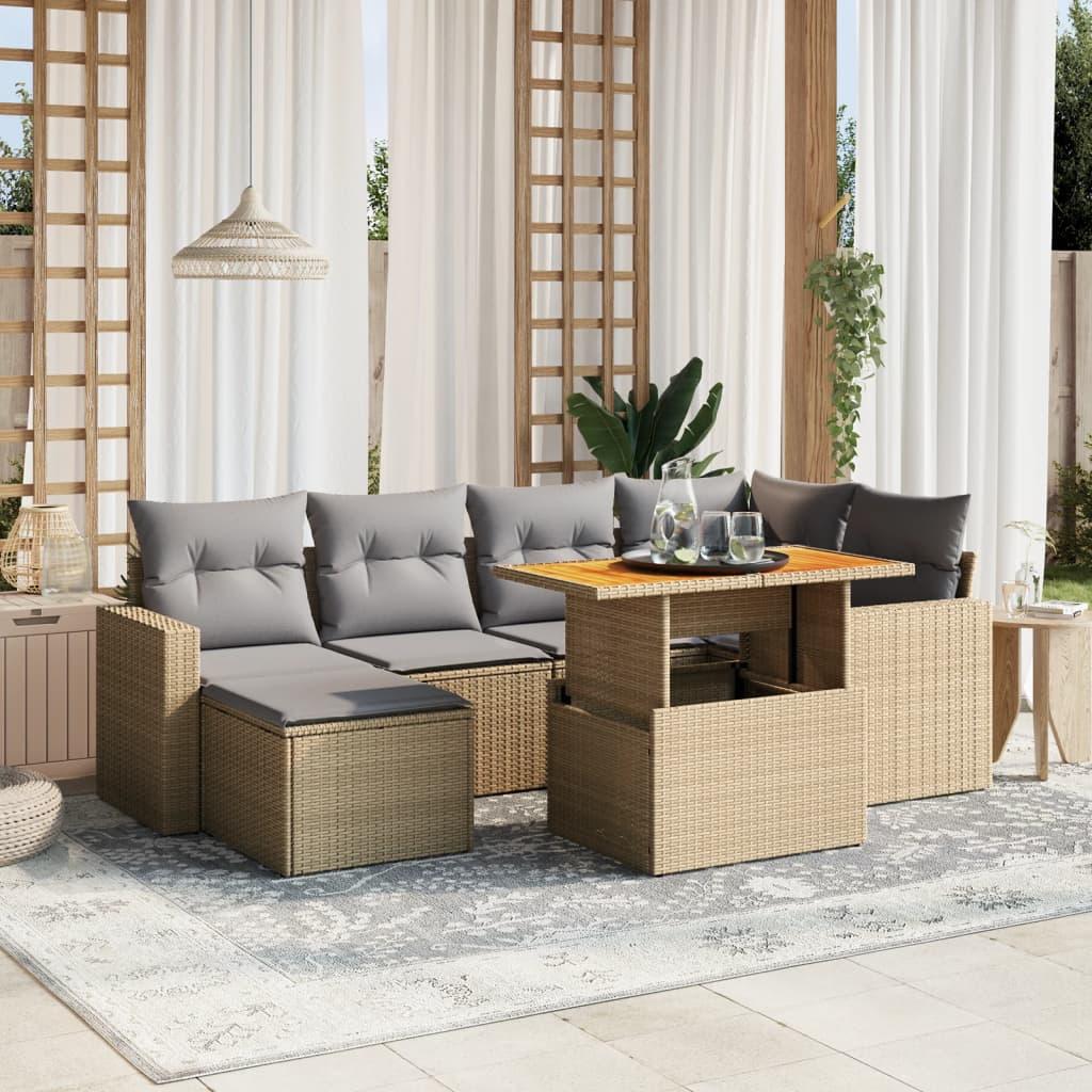 Havesofasæt 7 dele i polyrattan med hynder og løftebord - beige