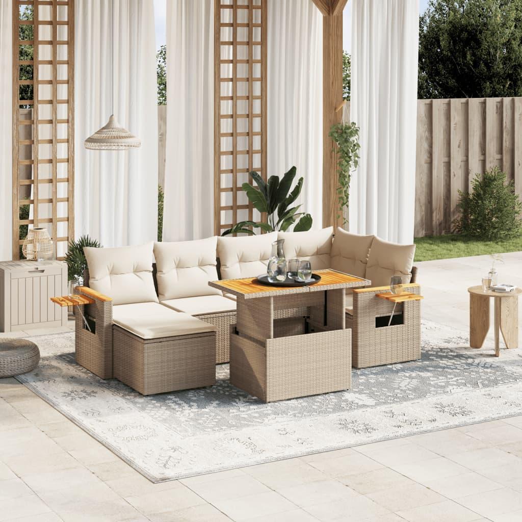 Havesofasæt 7 dele med hynder i polyrattan beige