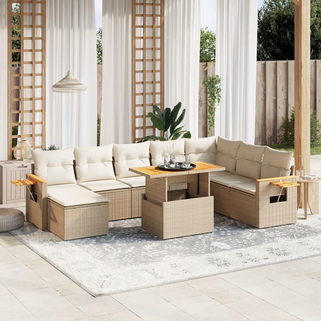 Sofasæt til haven i polyrattan - 9 dele med hynder, beige