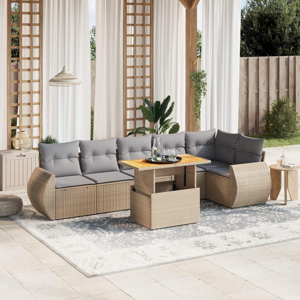Sofasæt til haven i polyrattan - 7 dele med hynder, beige