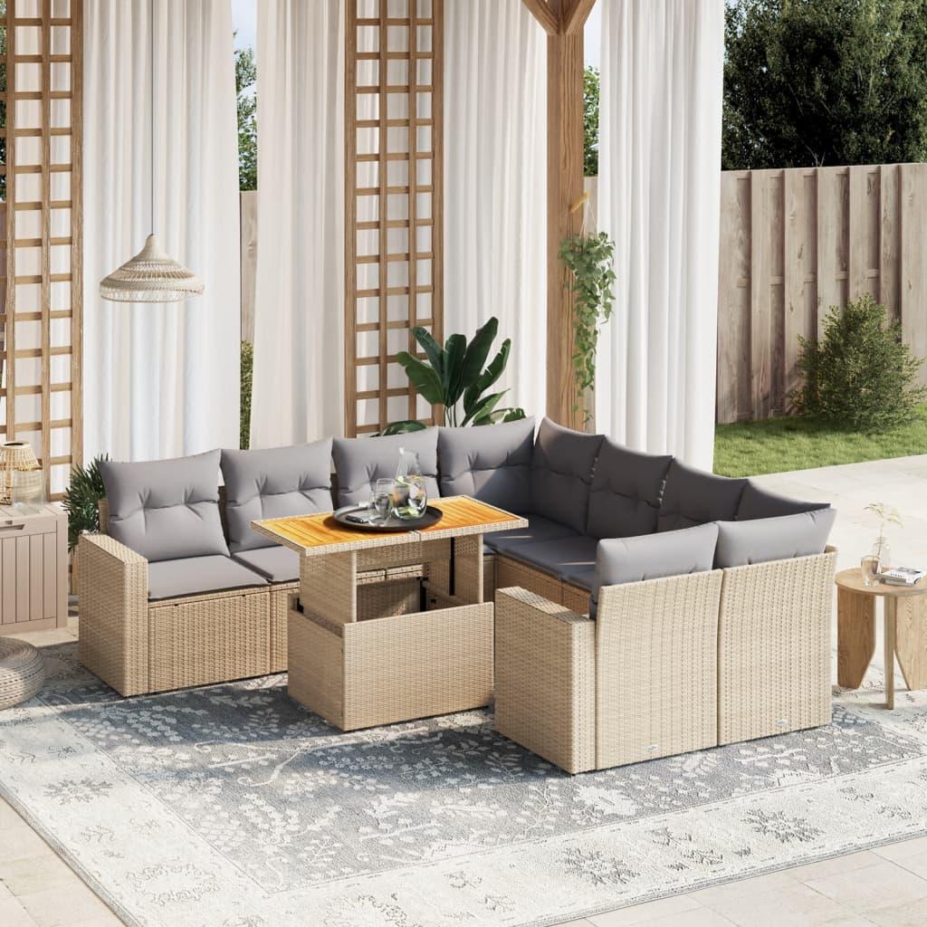 Sofasæt til haven - 9 dele med hynder i polyrattan, beige