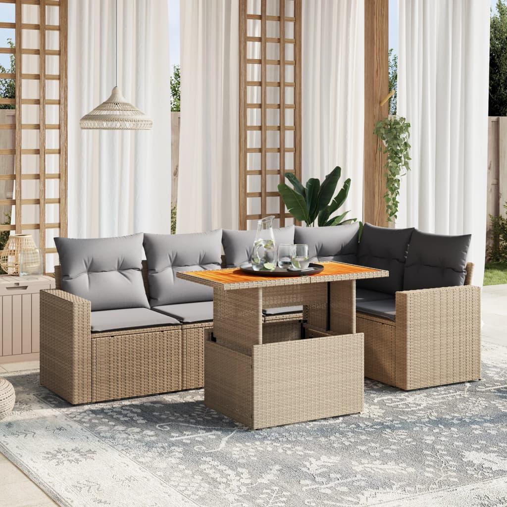Sofasæt til haven 6 dele med hynder polyrattan beige