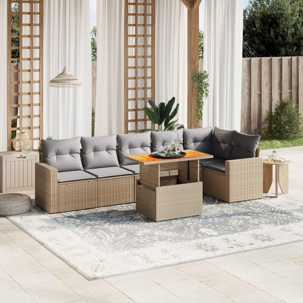 Sofasæt til haven i polyrattan - 7 dele med hynder, beige