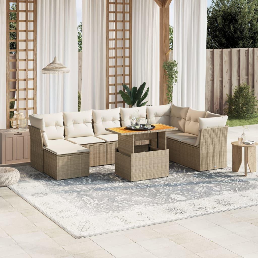 Sofasæt til haven i polyrattan - 9 dele med hynder, beige