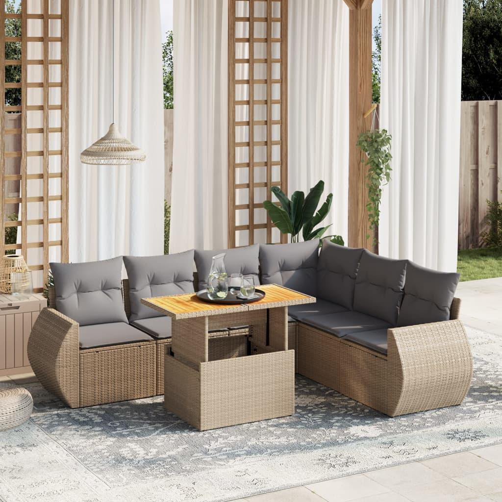 Sofasæt til haven i polyrattan - 7 dele med hynder, beige