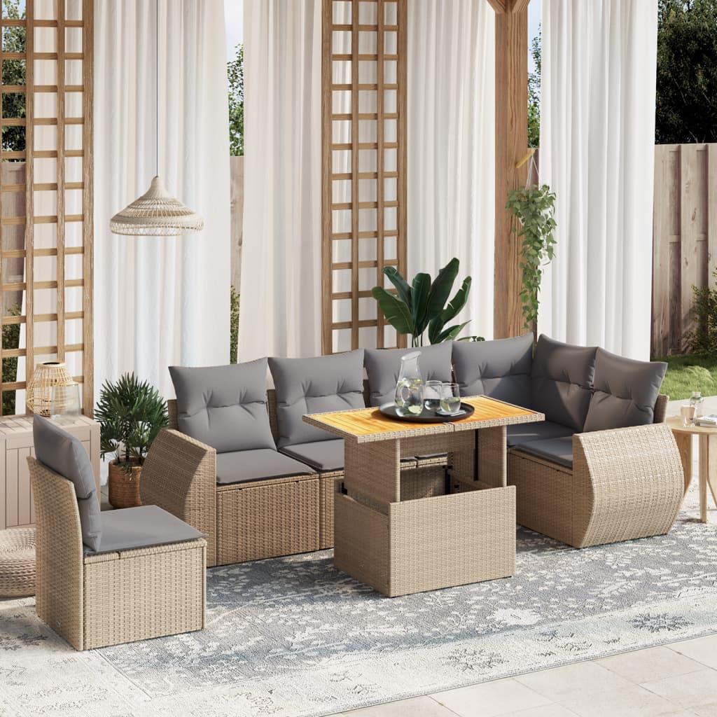 Sofasæt til haven i polyrattan, 7 dele med hynder - beige