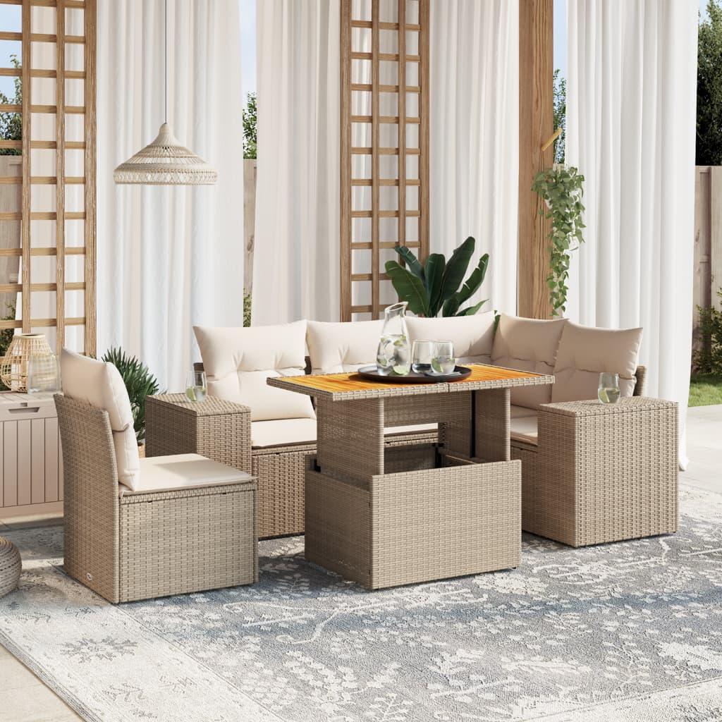 Sofasæt til haven 6 dele med hynder polyrattan beige