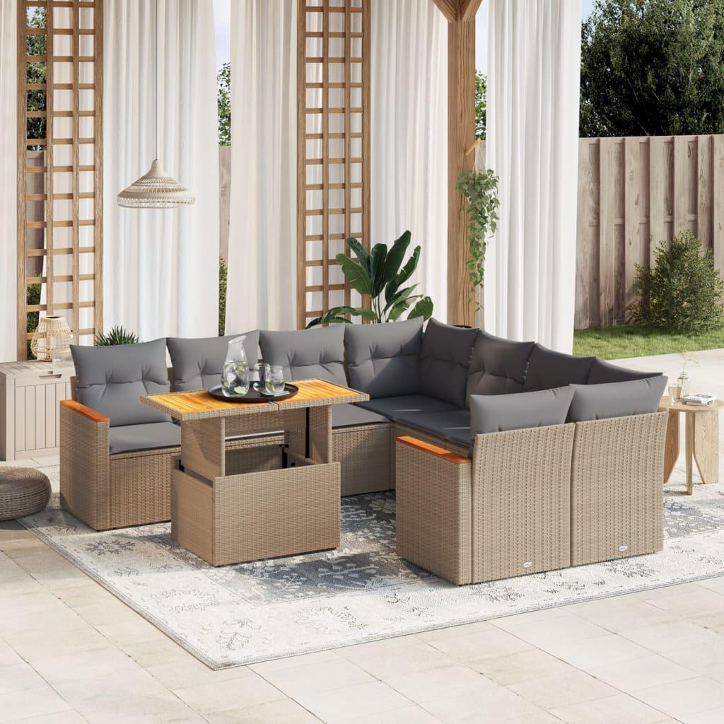 Sofasæt til haven i polyrattan, 9 dele med hynder - beige
