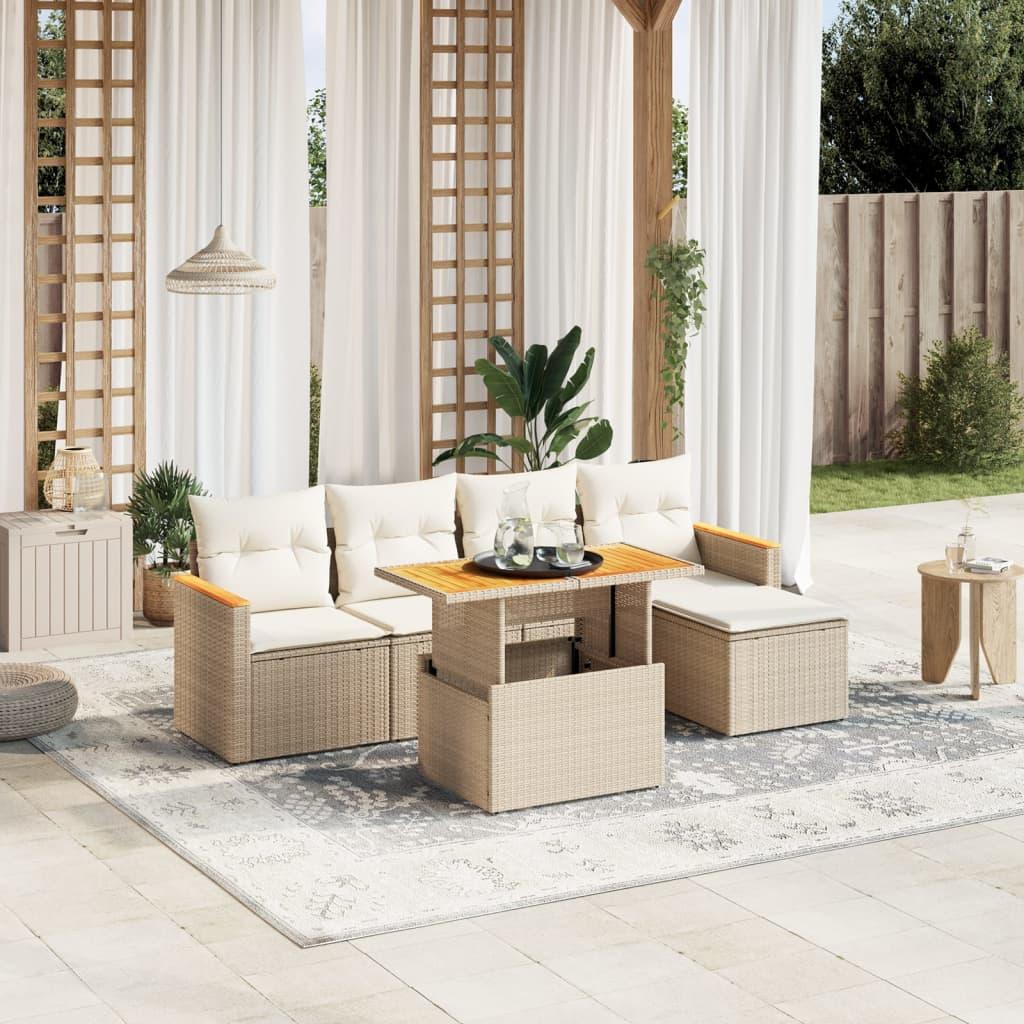Sofasæt til haven 6 dele med hynder i polyrattan beige