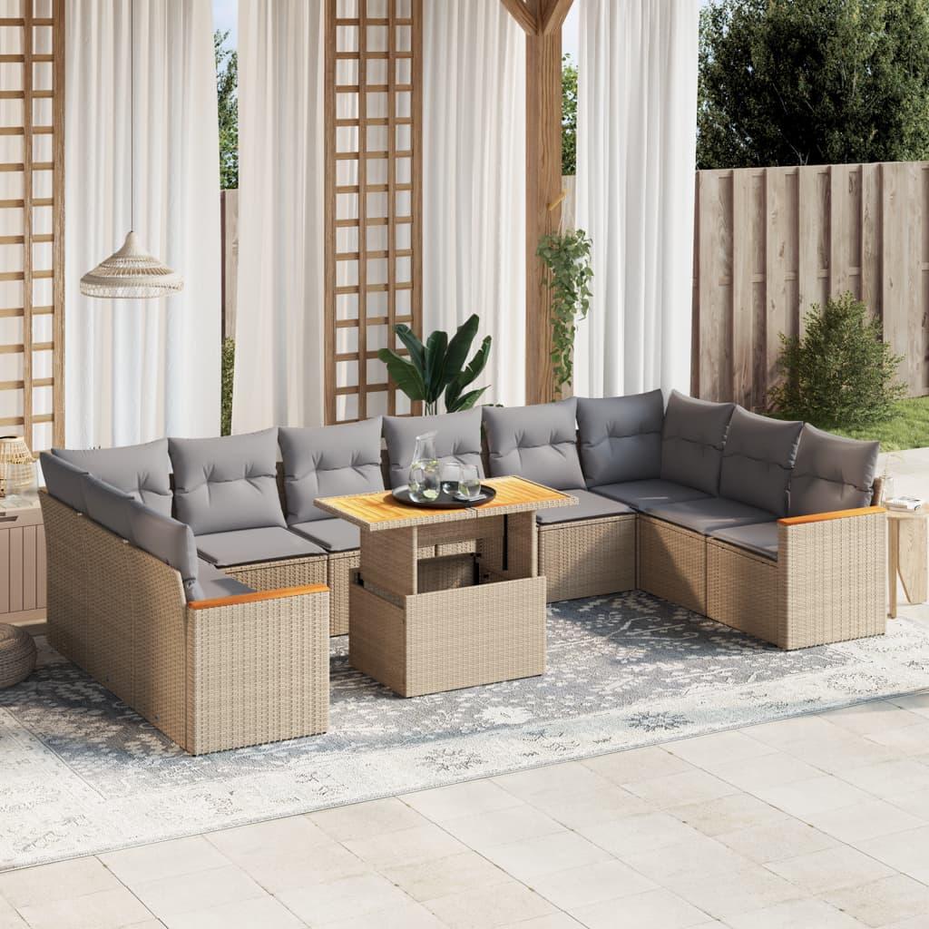 Sofasæt til haven i polyrattan - 11 dele med hynder, beige
