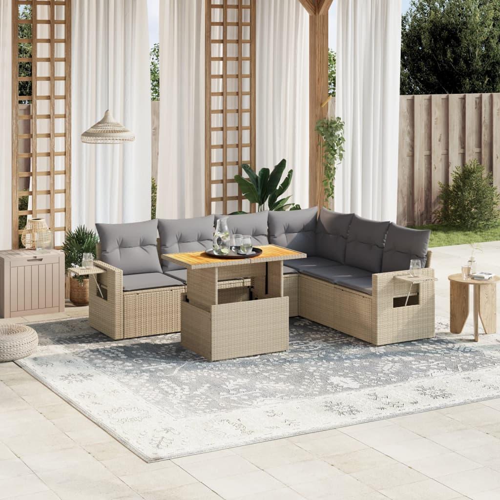 Sofasæt til haven i polyrattan - 7 dele med hynder, beige