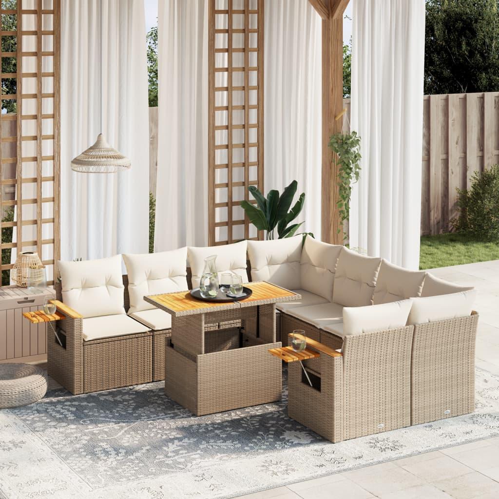 Sofasæt til haven i polyrattan, 9 dele med hynder - beige