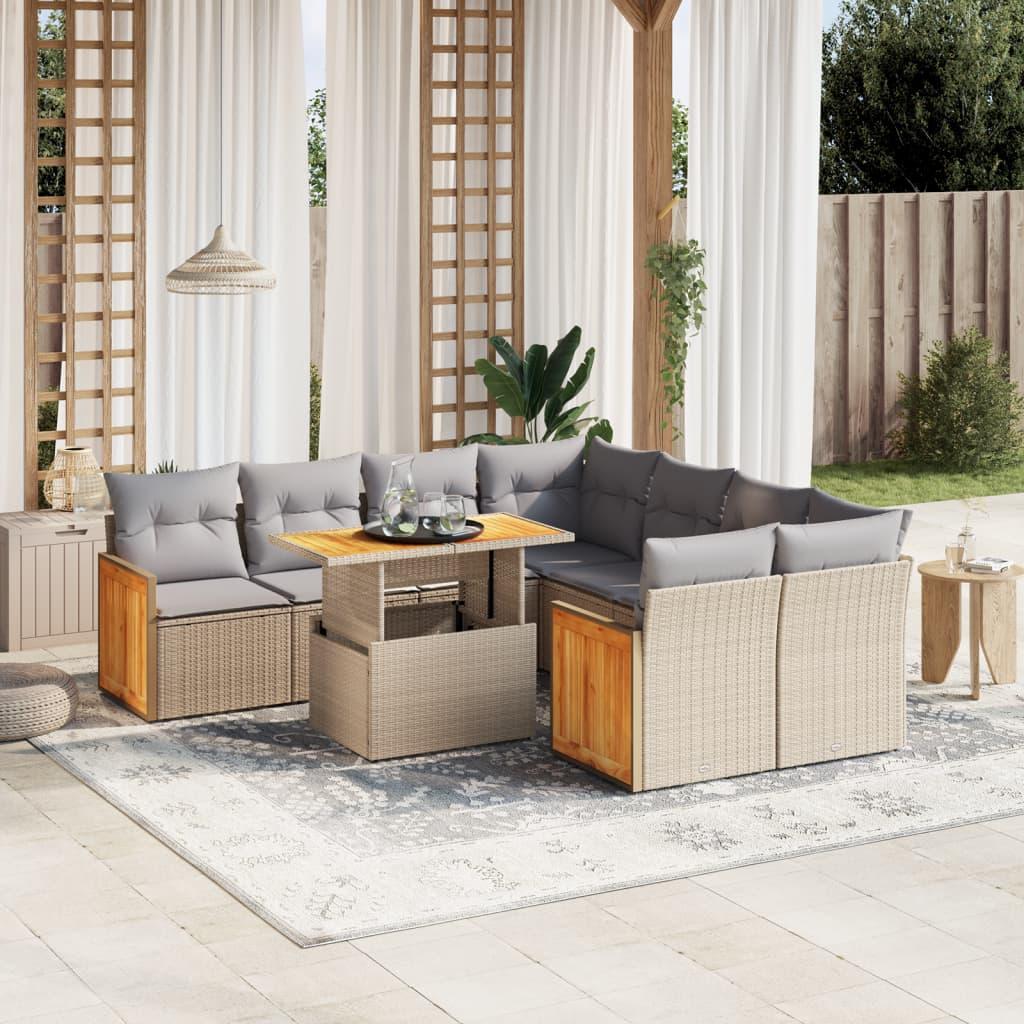 Sofasæt til haven i polyrattan, 9 dele - beige med hynder