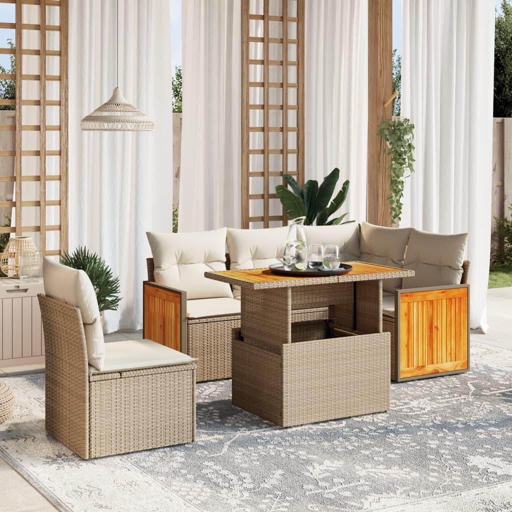 Sofasæt til haven 6 dele med hynder i polyrattan beige