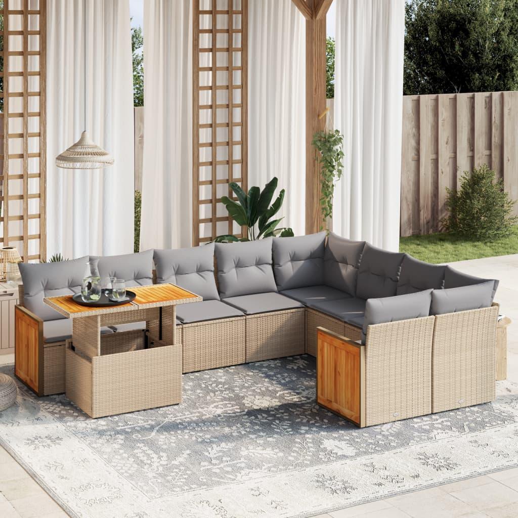 Sofasæt til haven i polyrattan - 10 dele med hynder, beige