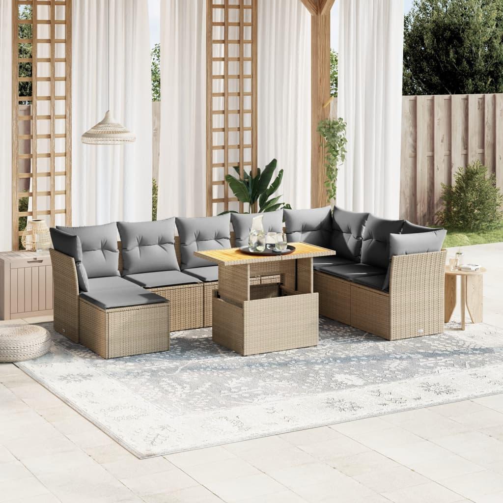 Havesofasæt 9 dele med hynder i polyrattan beige