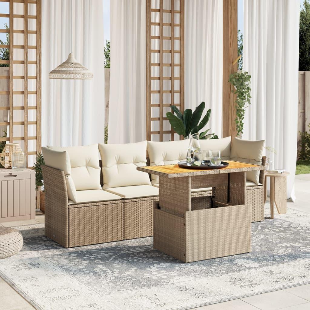 Sofasæt til haven 5 dele med hynder i polyrattan beige