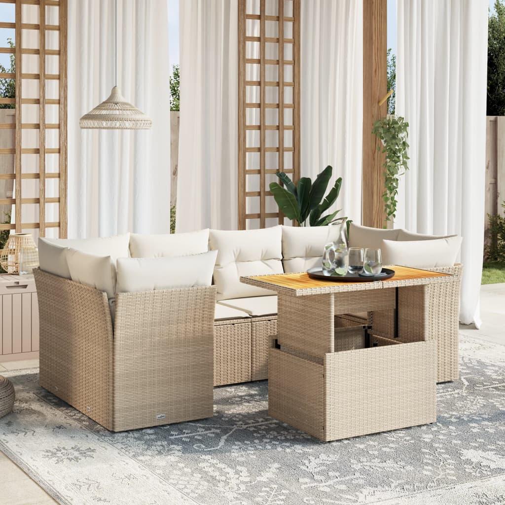 Sofasæt til haven 7 dele med hynder i polyrattan beige