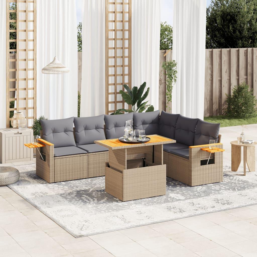 Sofasæt til haven i polyrattan - 7 dele med hynder, beige