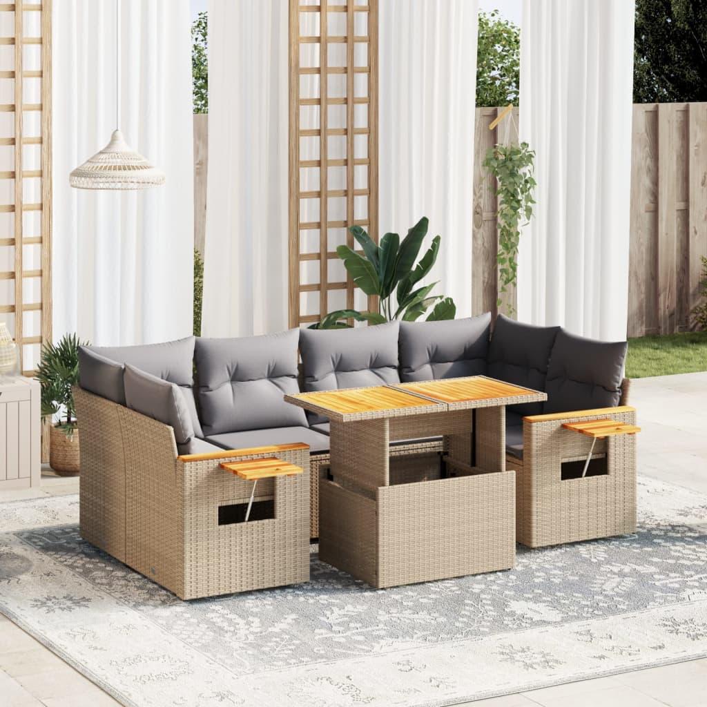 Sofasæt til haven i polyrattan, 7 dele med hynder - beige