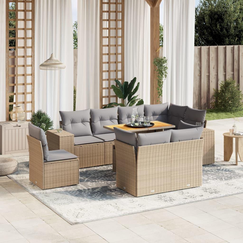 Sofasæt til haven 9 dele med hynder i polyrattan - beige