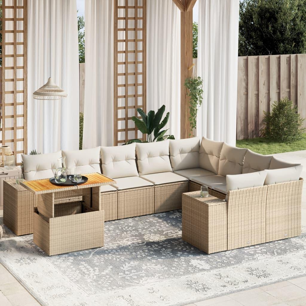 Sofasæt til haven 10 dele i polyrattan med hynder og hæve-sænke-bord - beige