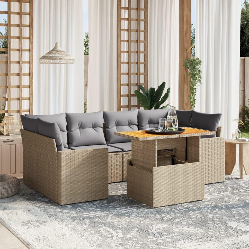 Sofasæt til haven i polyrattan - 7 dele med hynder, beige