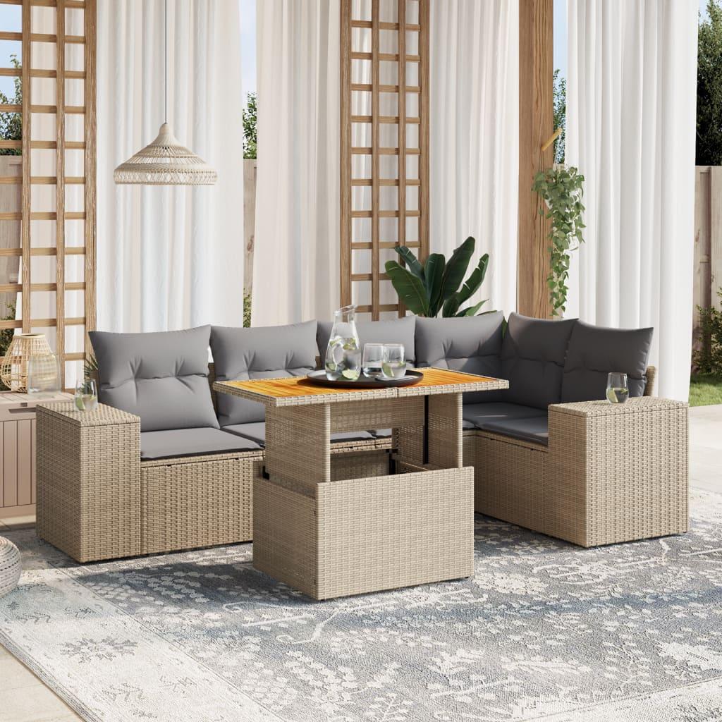 Sofasæt til haven 6 dele med hynder polyrattan beige