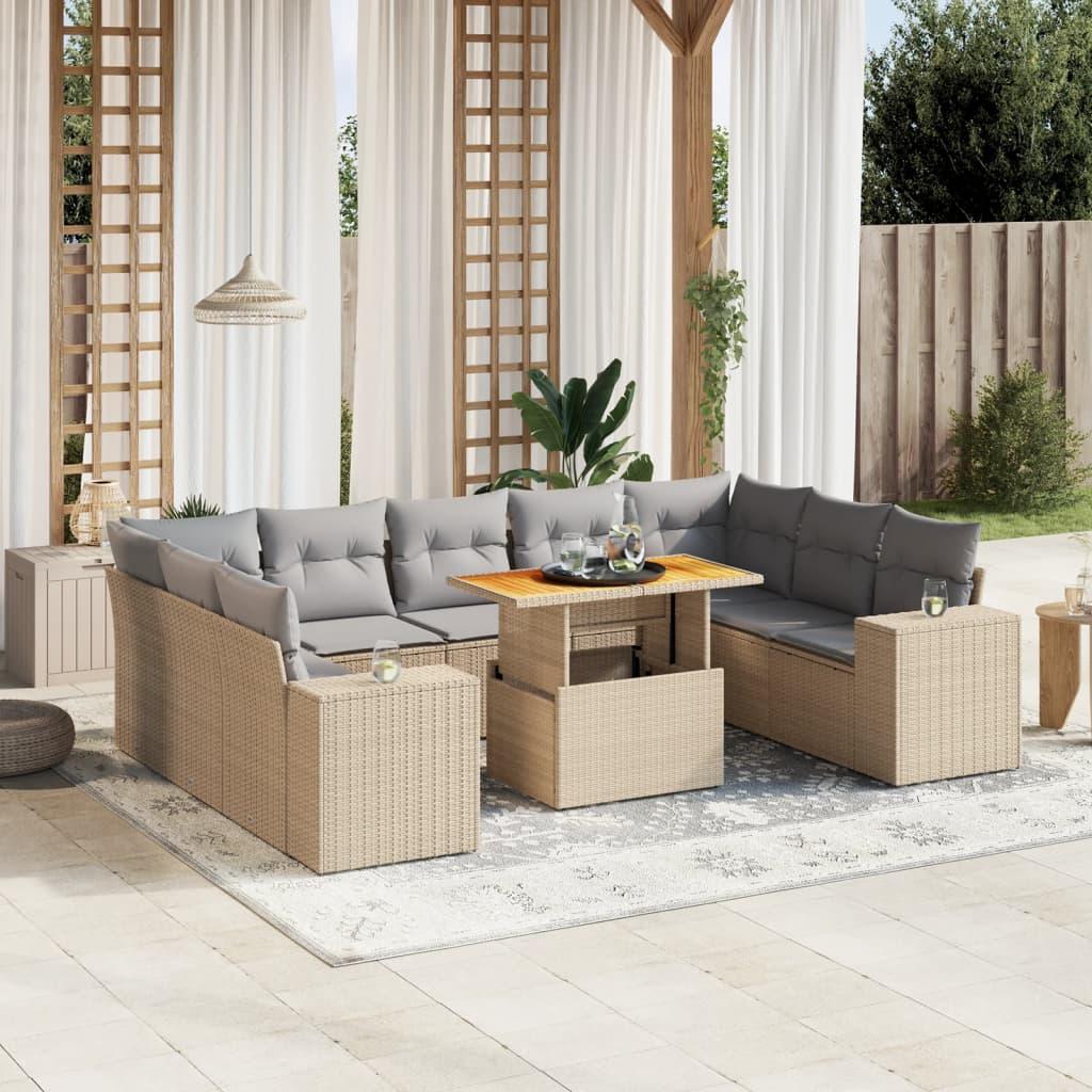 Sofasæt til haven i polyrattan - 10 dele med hynder, beige