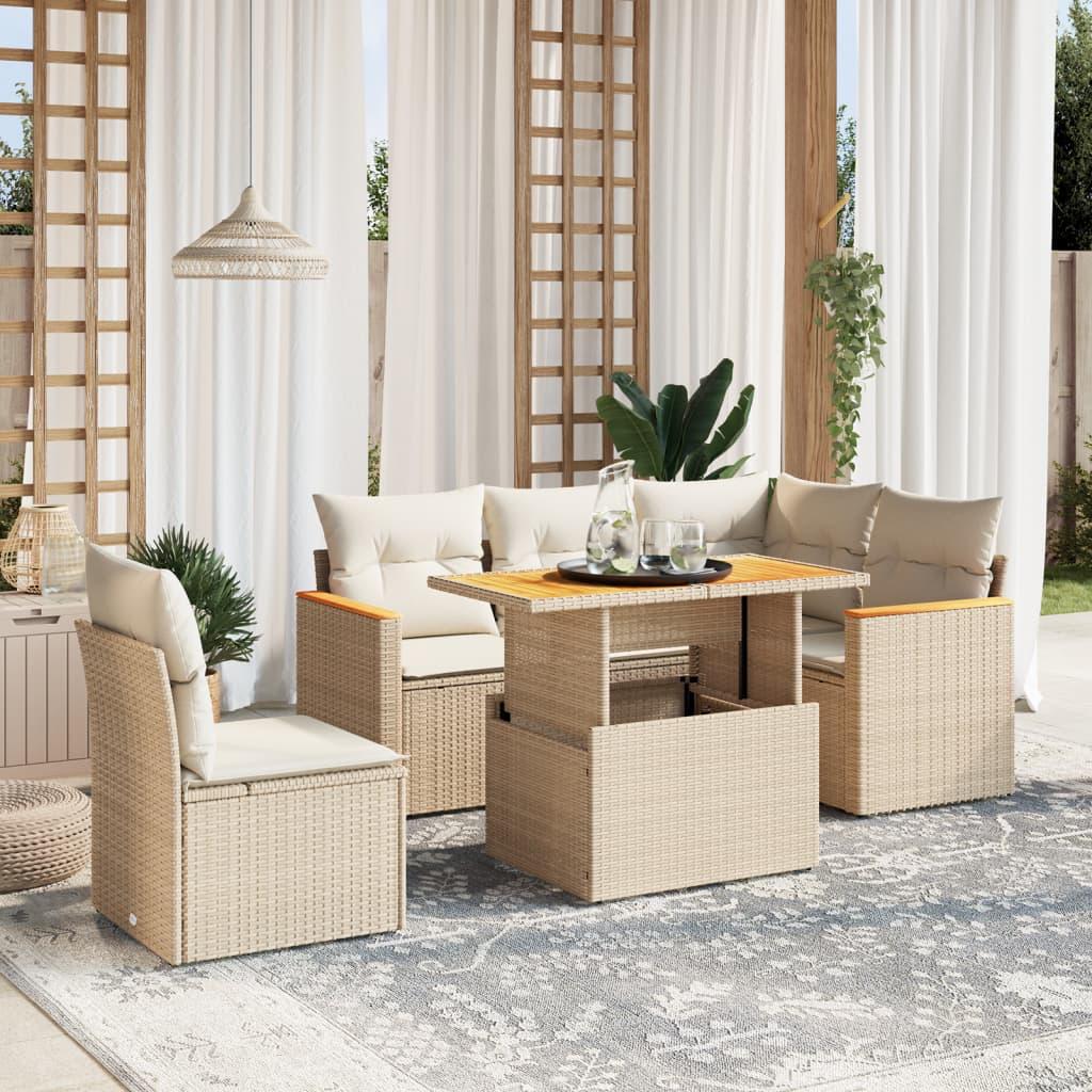 Sofasæt til haven 6 dele med hynder i polyrattan beige