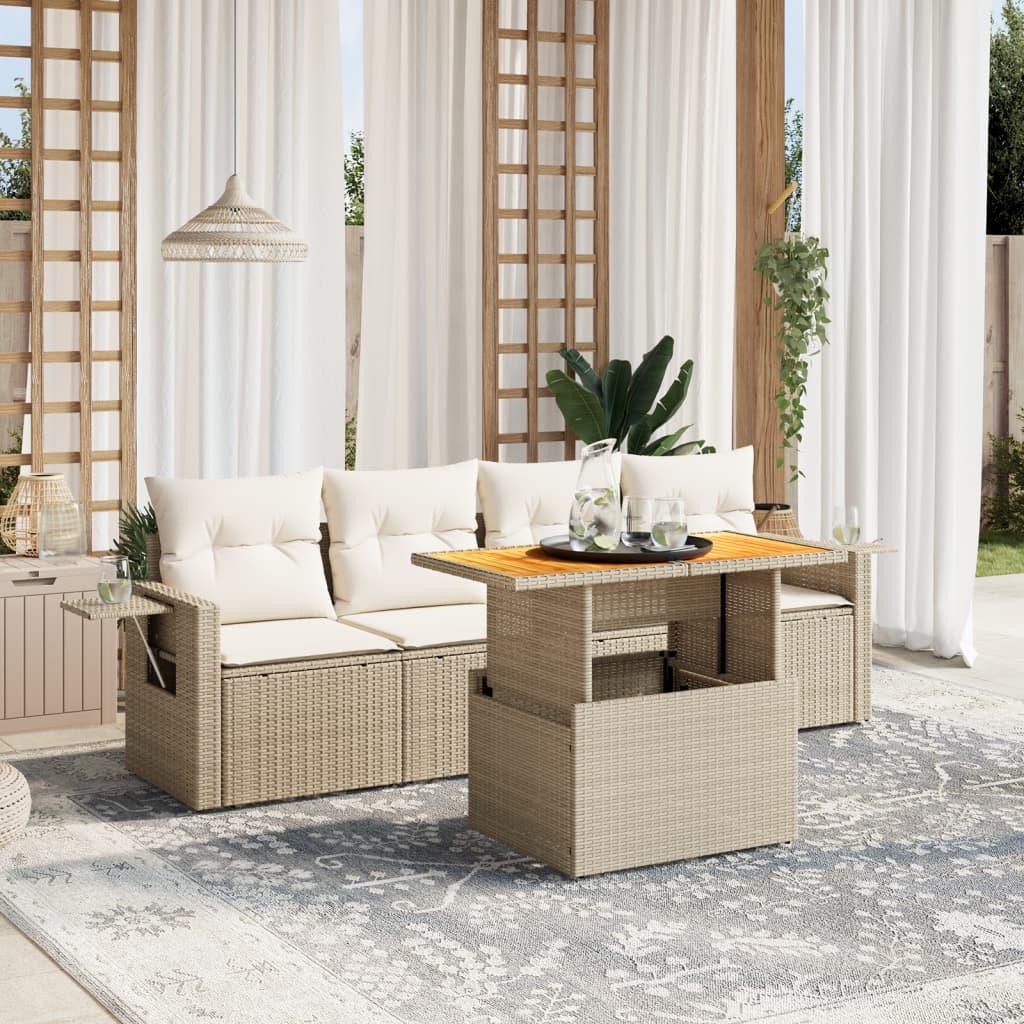 Sofasæt til haven 5 dele med hynder polyrattan beige
