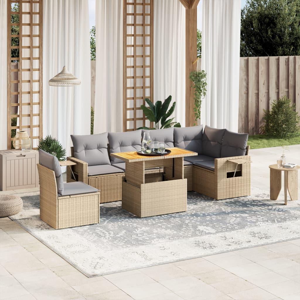 Sofasæt til haven i polyrattan - 7 dele med hynder, beige