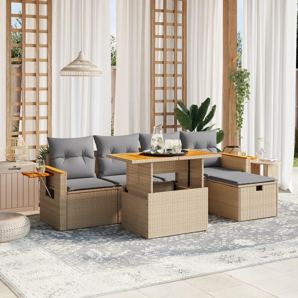 Sofasæt til haven 6 dele med hynder polyrattan beige