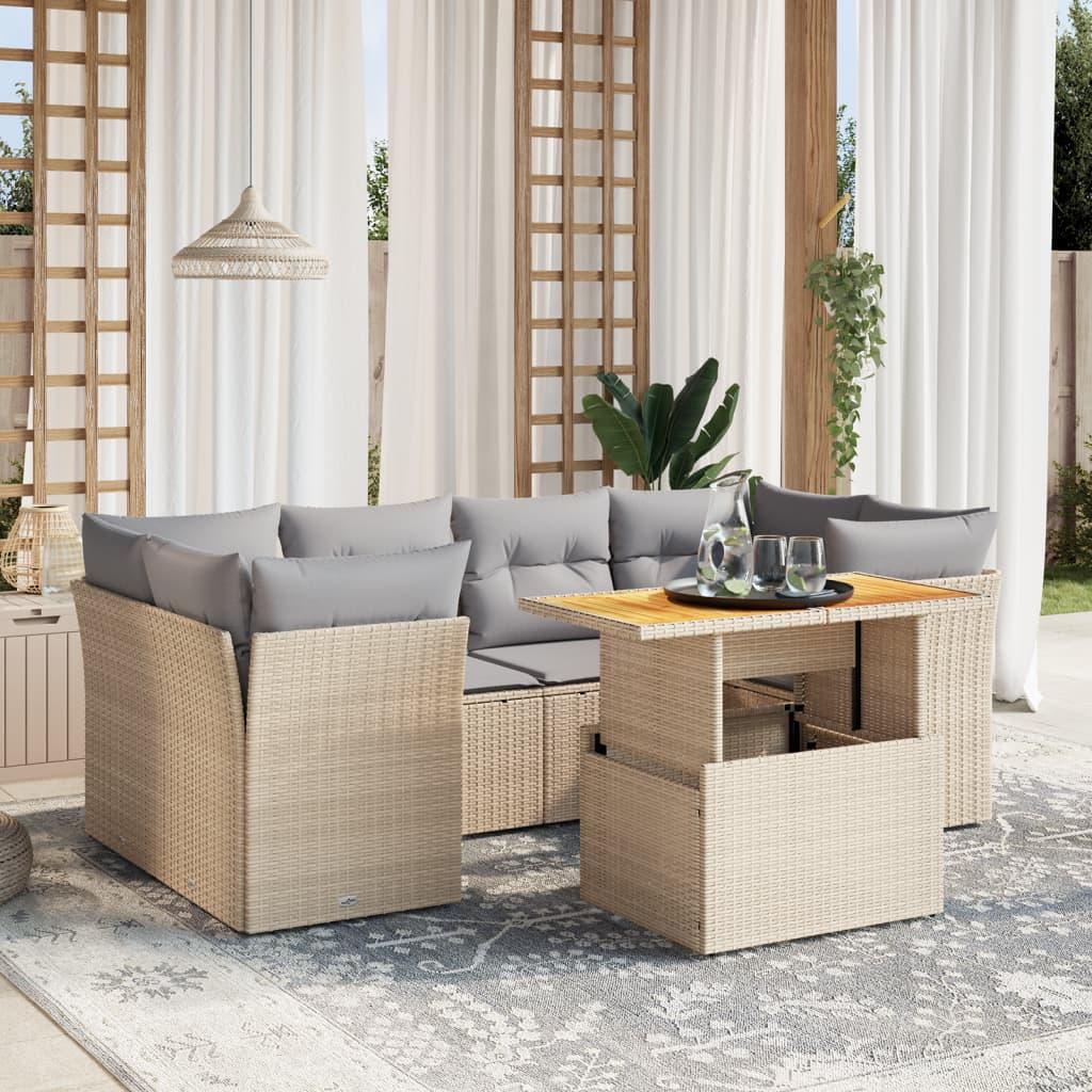 Sofasæt til haven i polyrattan - 7 dele med hynder, beige