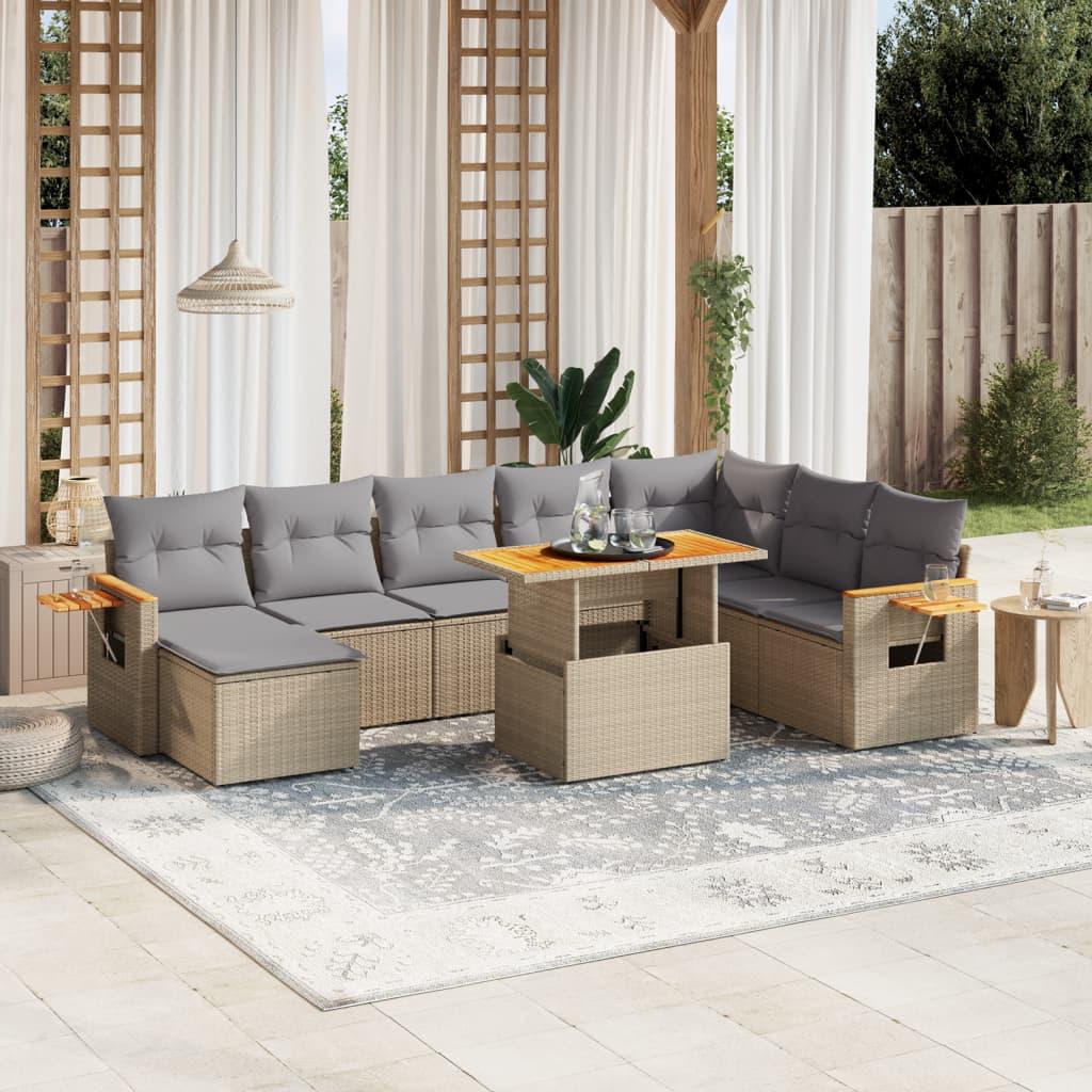 Havesofasæt i polyrattan - 8 dele med hynder, beige
